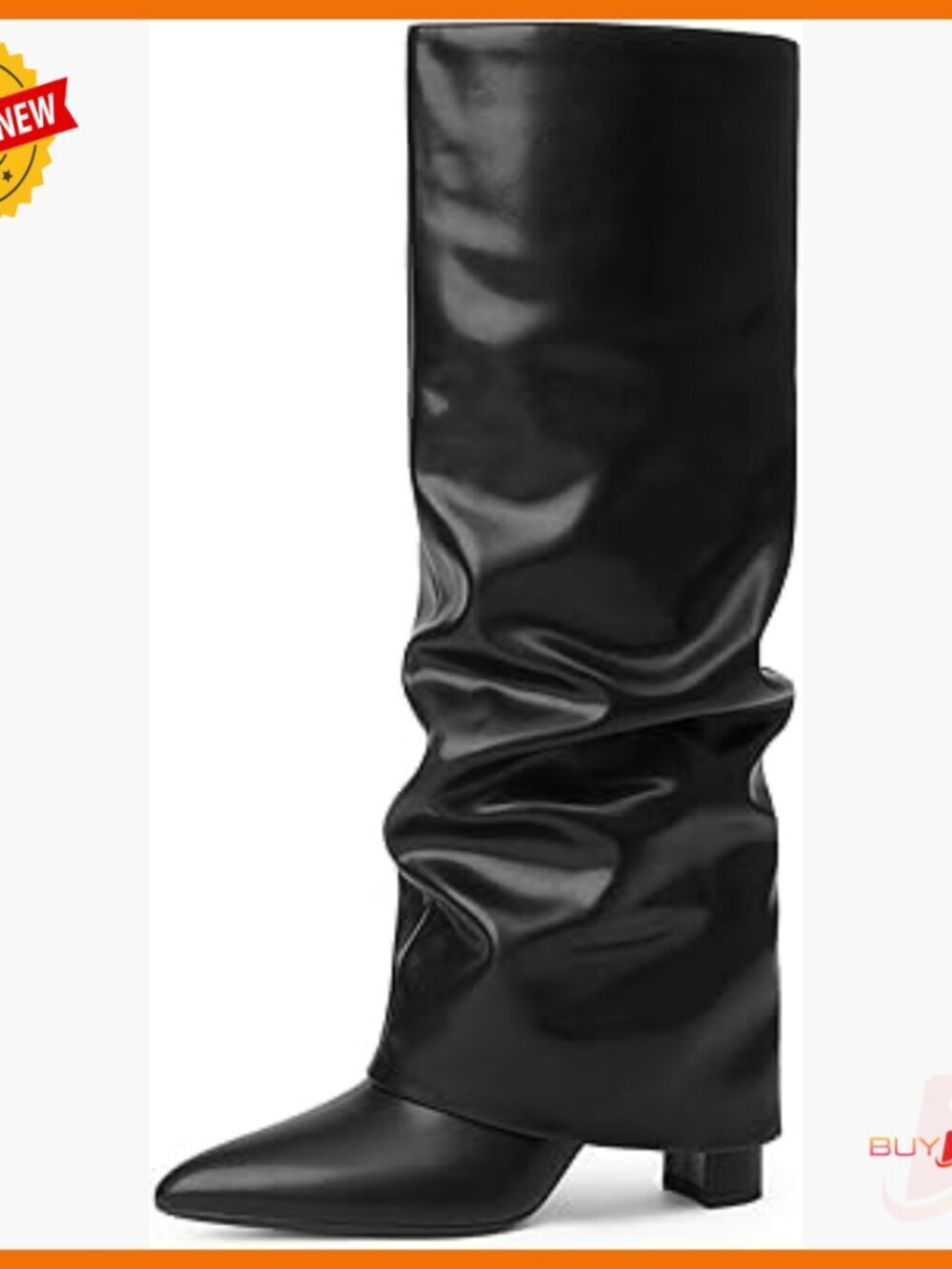 Knee High Boots with Chunky Heel, Fold Over Design, Pointed Toe, Wide Calf